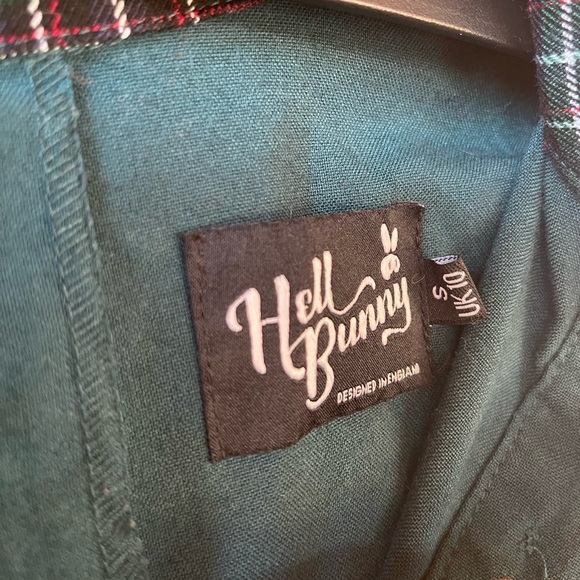 Hell Bunny Green Fit & Flare Dress Plaid Trim Pockets UK 10 / S - Picture 6 of 13